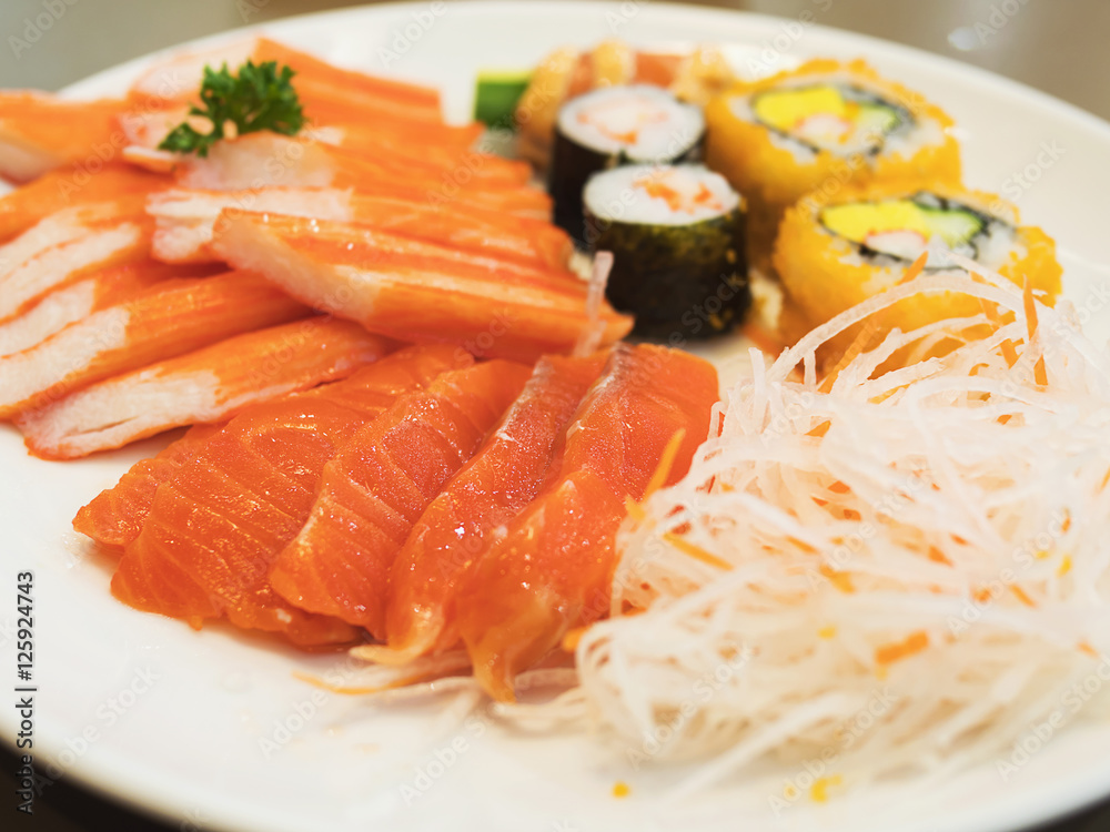 Fresh colorful Japanese food on the white plate, selective focused Fresh colorful Japanese food on the white plate, selective focused