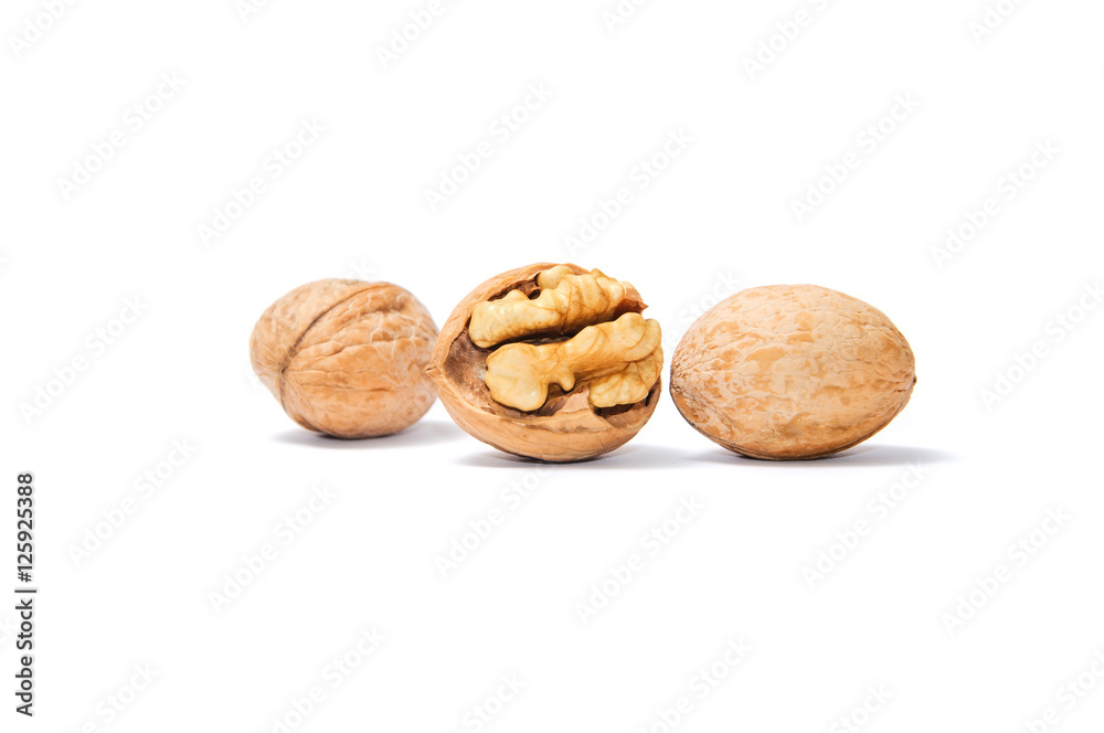 Walnuts on white background.