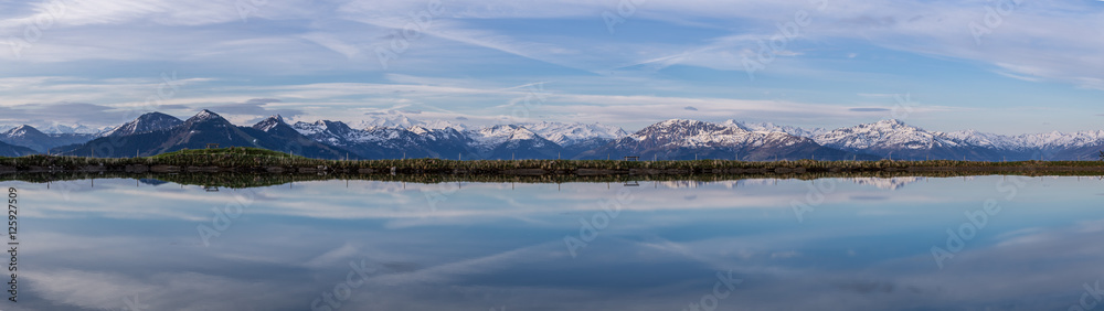 Panorama mit See im Vordergrund und Berge im Hintergrund