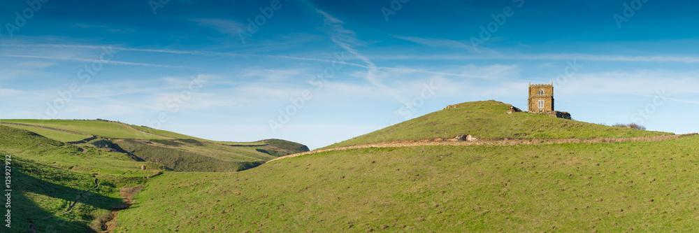 Panoramic view with Doyden Castle near Port Quin in north Cornwall. Picture taken from a public footpath.