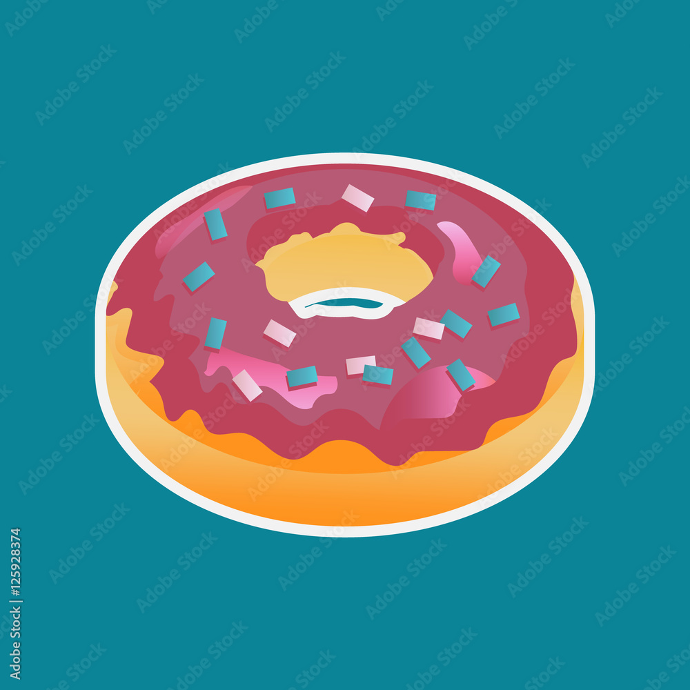 Food conceptual cartoon design sticker with a pink glazed doughnut. A donut icon with a colored sugar decoration on it. Food conceptual cartoon design sticker with a pink glazed doughnut. A donut icon with a colored sugar decoration on it.