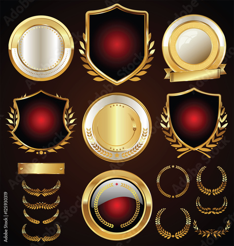Vector medieval golden shields laurel wreaths and badges collection