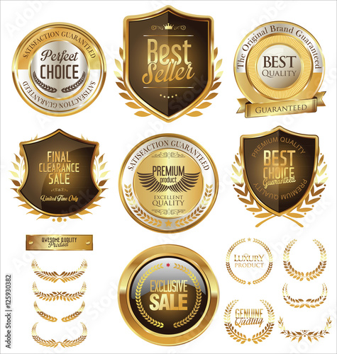 Vector medieval golden shields laurel wreaths and badges collection