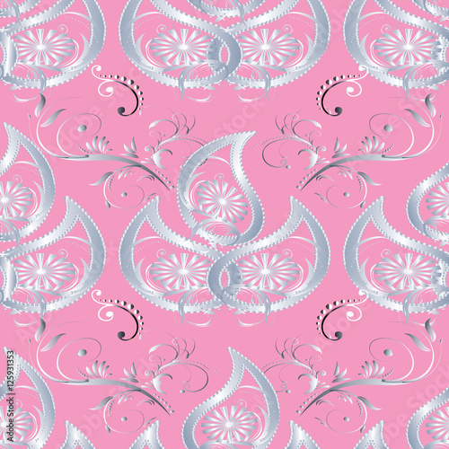 Paisley seamless pattern.Vector floral vintage seamless pattern with 3d silver paisleys flowers leaves and ornaments. Paisleys flowers