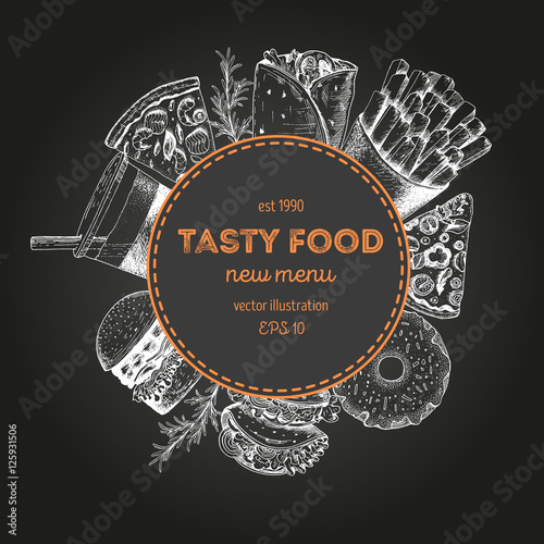 Vector fast food illustration. Junk food frame illustration. Menu label with pizza, drink, french fries, hot roll and burger. Linear graphic.