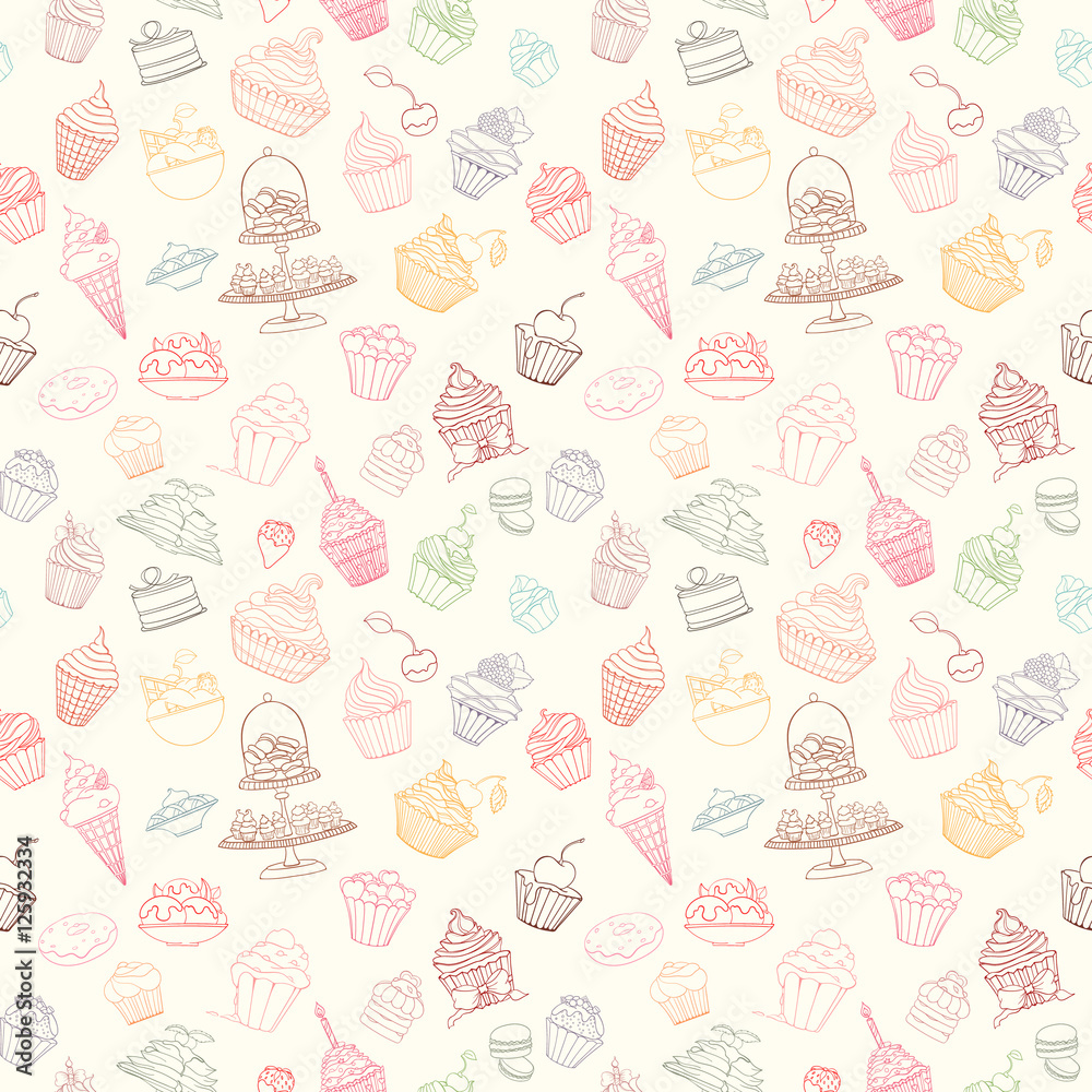 Fototapeta premium Hand-drawn vector seamless cupcake pattern