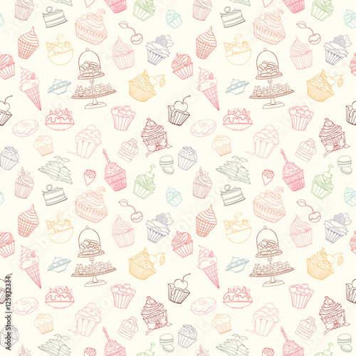 Hand-drawn vector seamless cupcake pattern