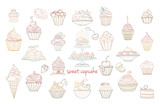 Hand drawn set of doodle style cupcakes