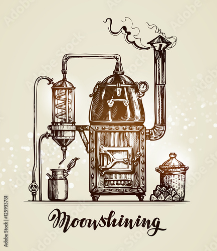Moonshining. Vintage hooch sketch. Vector illustration photo