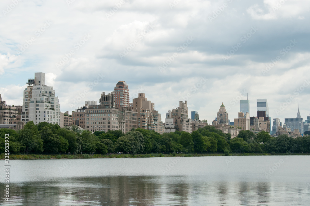 Spring on Central Park with view of New York buildings