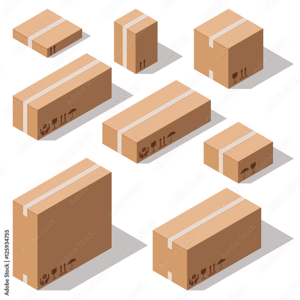 Set closed cardboard boxes isolated on white background. Set closed cardboard boxes isolated on white background.