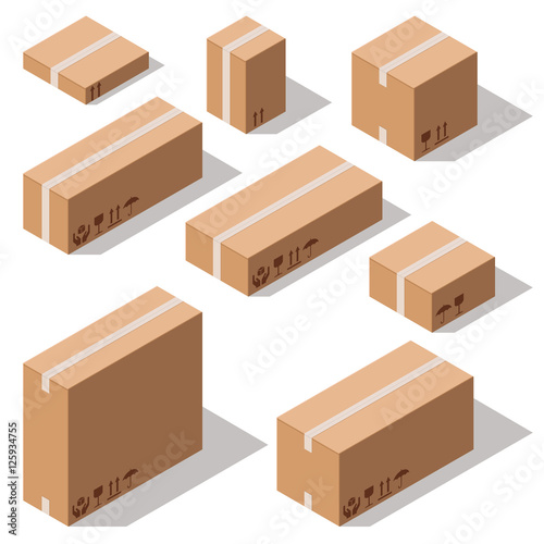 Set closed cardboard boxes isolated on white background.
