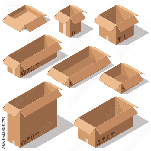 
Set of open cardboard boxes isolated on white background.
