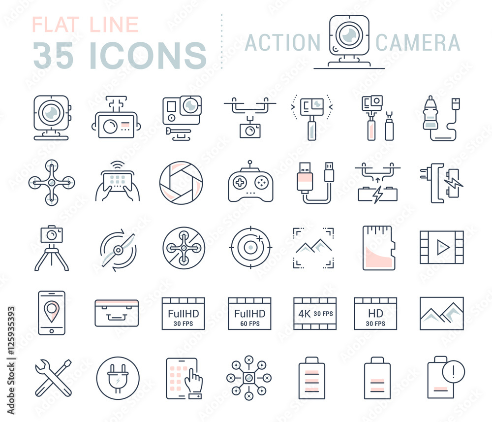 Set Vector Flat Line Icons Action Camera