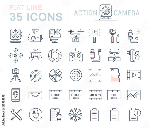 Set Vector Flat Line Icons Action Camera