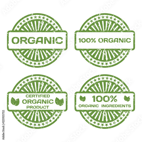 Grunge Rubber Stamp Set. Organic Product, Certified. Vector Illu