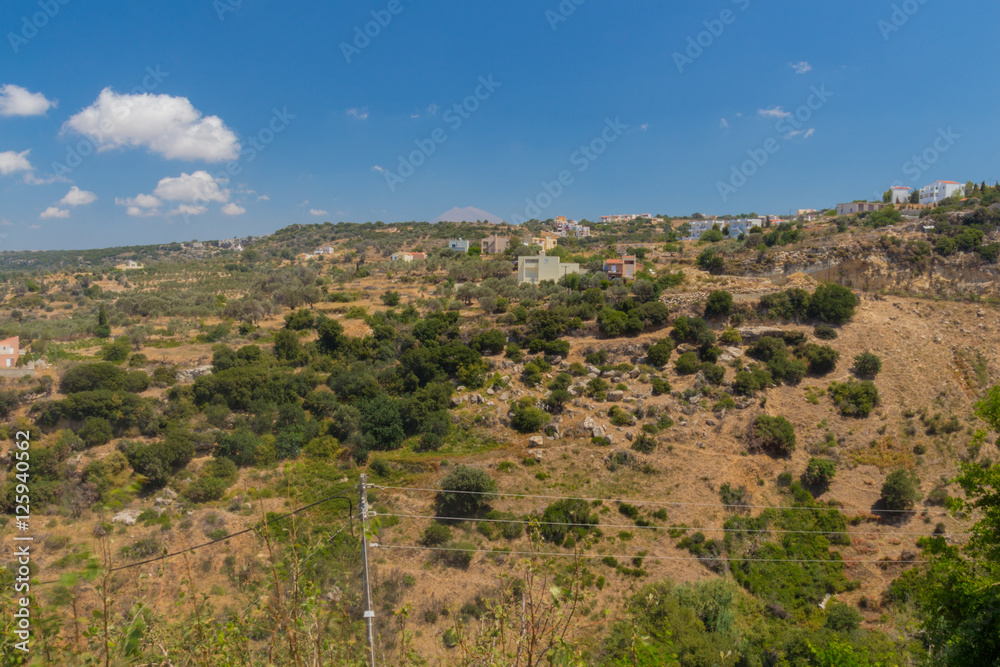 Agia Irini, Greece. July  27. 2016: Panoramic view to mountains