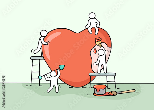 Sketch of working little people with love sign.