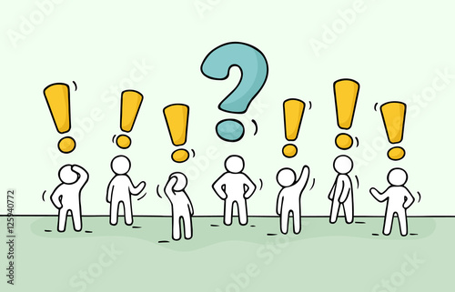 little people with question sign and exclamation point