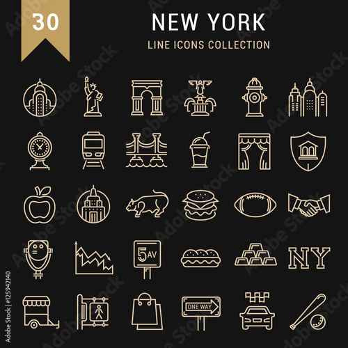 Set Vector Flat Line Icons New York