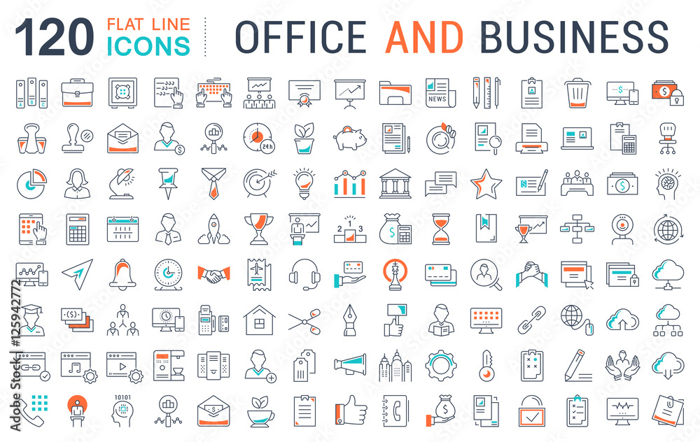 Set Vector Flat Line Icons Office and Business - obrazy, fototapety, plakaty 