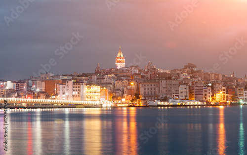 Nighte cityscape with Galata Tower over the Golden Horn in Istanbul, Turkey