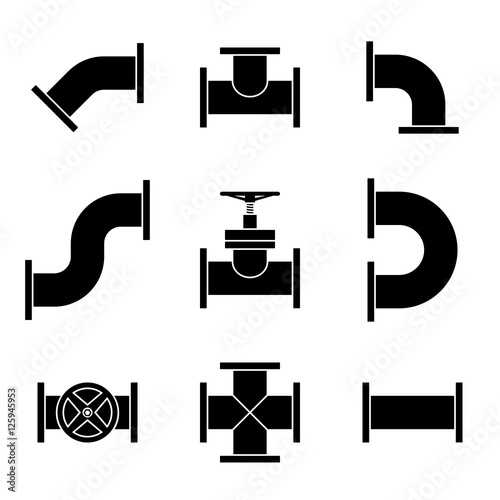 Pipes, fittings and valves. Construction pipeline. Set of Black 