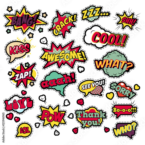 Fashion Badges  Patches  Stickers in Pop Art Comic Speech Bubbles Set with Halftone Dotted Cool Shapes with Expressions Cool Bang Zap Lol. Vector Retro Background