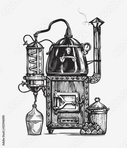 Distillation apparatus sketch. Hooch vector illustration photo