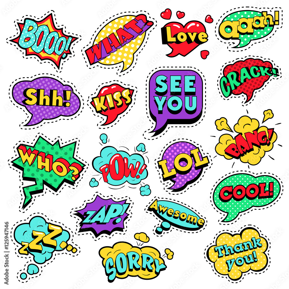 Fashion Badges, Patches, Stickers in Pop Art Comic Speech Bubbles Set with Halftone Dotted Cool Shapes with Expressions Cool Bang Zap Lol. Vector Retro Background Fashion Badges, Patches, Stickers in Pop Art Comic Speech Bubbles Set with Halftone Dotted Cool Shapes with Expressions Cool Bang Zap Lol. Vector Retro Background