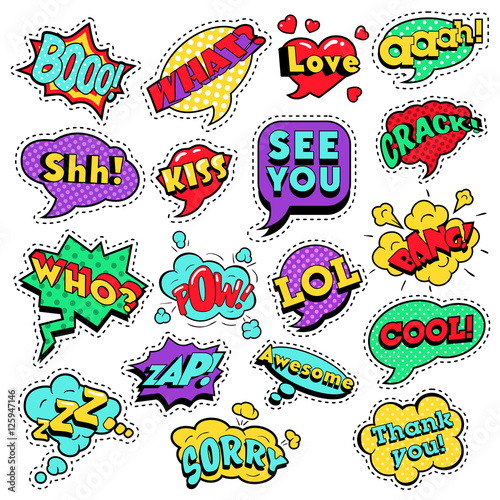 Fashion Badges, Patches, Stickers in Pop Art Comic Speech Bubbles Set with Halftone Dotted Cool Shapes with Expressions Cool Bang Zap Lol. Vector Retro Background