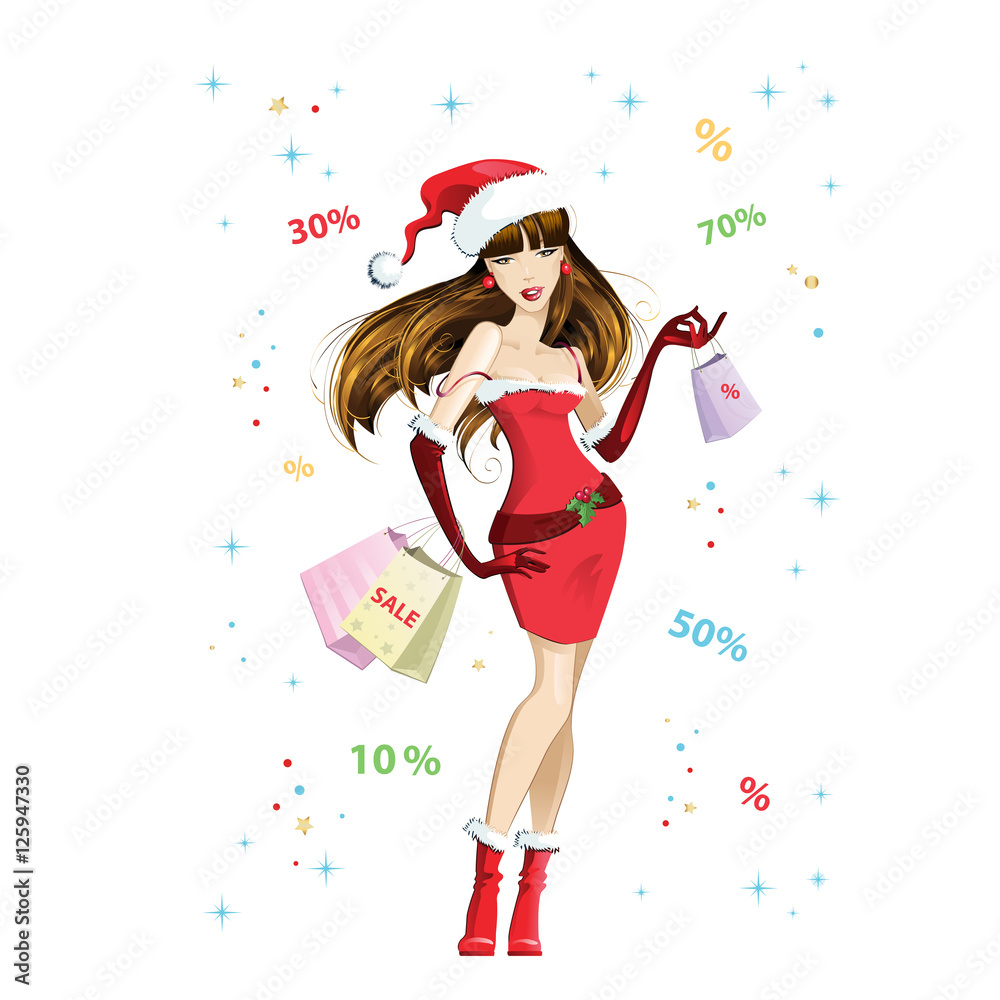 Beautiful girl dressed as Santa Claus with shopping. Christmas discounts and sales. Vector illustration on white background. Beautiful girl dressed as Santa Claus with shopping. Christmas discounts and sales. Vector illustration on white background.