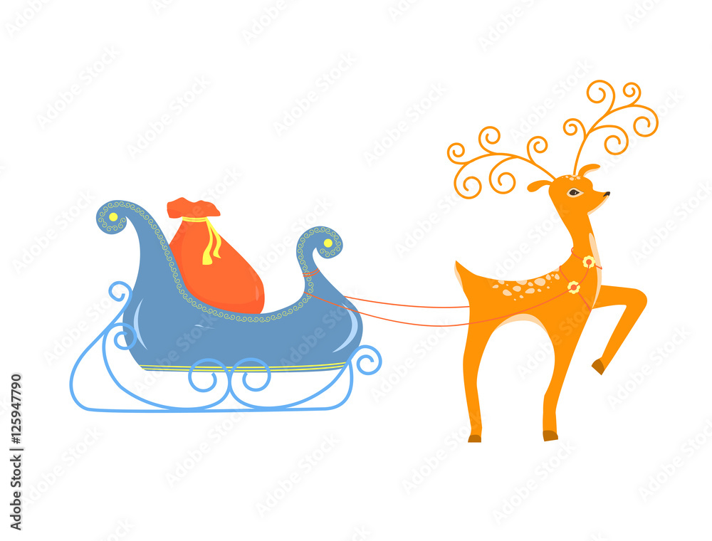 Deer driven sleigh with gifts. Cartoon deer vector illustration. Pretty small deer isolated on white background. Deer driven sleigh with gifts. Cartoon deer vector illustration. Pretty small deer isolated on white background.