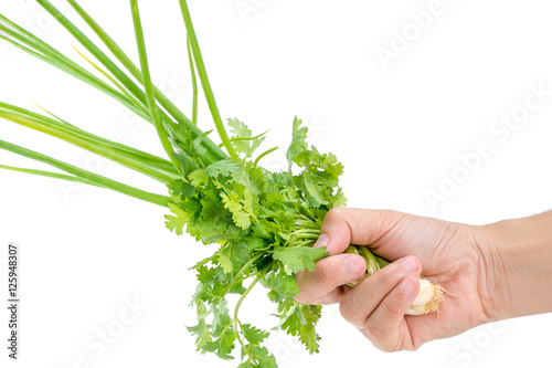 Hand holding vegetables isolated On a white background