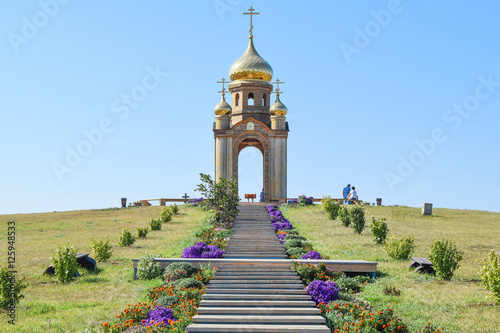 Orthodox chapel on a hill. Tabernacle in the Cossack village of Ataman. The stairs leading to the chapel