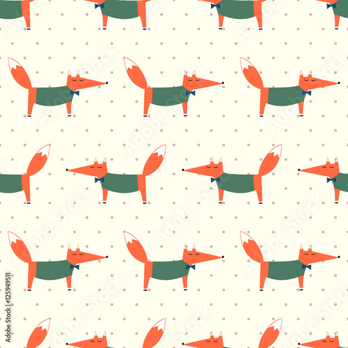 Cute fox seamless pattern on polka dots background. Cartoon foxy vector illustration. Child drawing style animal background. Fashion design for fabric, textile.