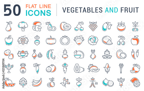 Set Vector Flat Line Icons Vegetables and Fruit