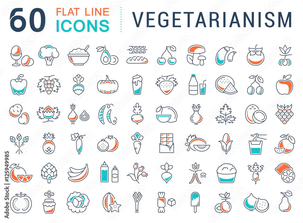 Set Vector Flat Line Icons Vegetarianism Set Vector Flat Line Icons Vegetarianism