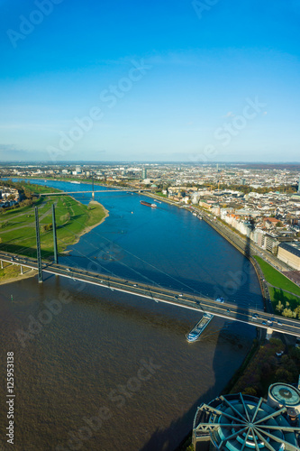 View of Rhein river from Rheinturm tower Dusseldorf Germany Euro