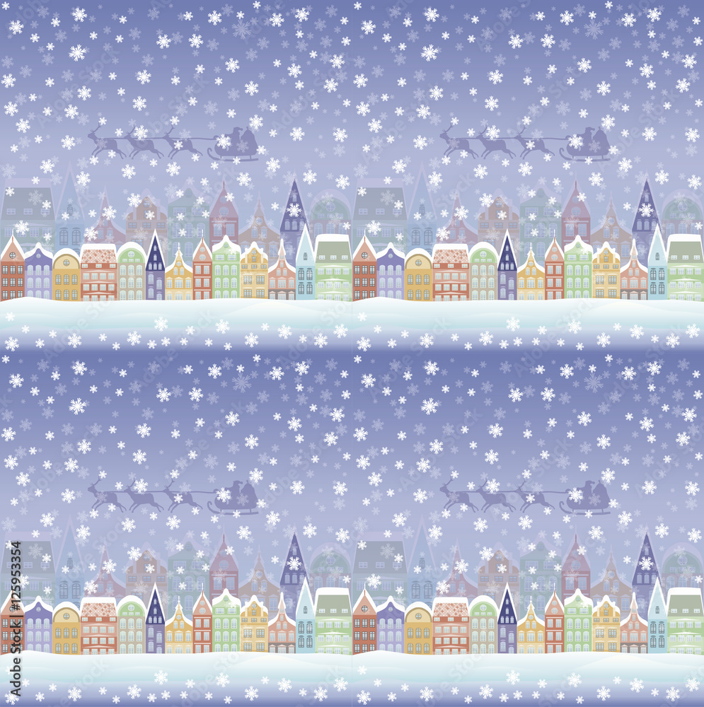 Fototapeta Seamless pattern Merry Christmas background with winter city, vector illustration
