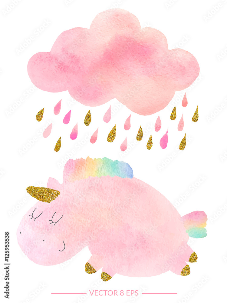 Obraz premium Akwarela jednorożca i chmura z deszczem
