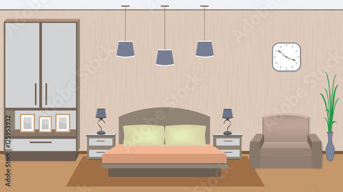 Elegant bedroom interior with furniture, houseplant, photoframes.