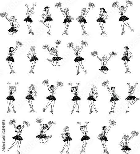 Retro black and white comic art college cheerleaders wearing alphabet sweaters