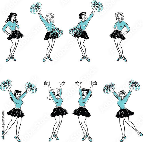Retro comic art college cheerleaders wearing sweaters