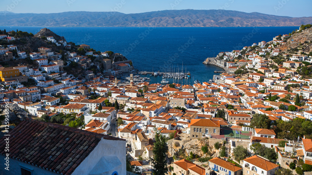 Panoramic view from above on the island of Hydra, Greece.