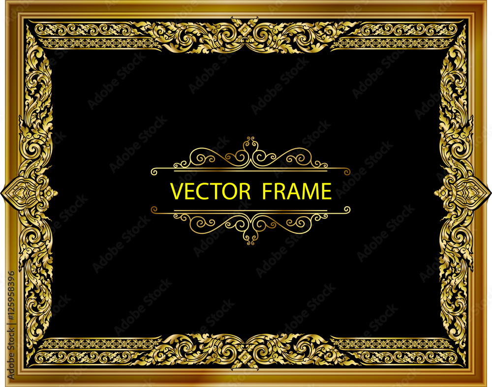 Gold photo frame with corner thailand line floral for picture, Vector design decoration pattern style. wood border design is patterned Thai style