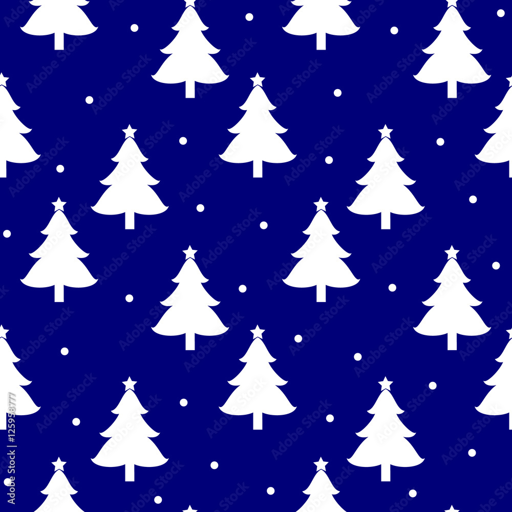 White Christmas trees seamless pattern. Flat style illustration isolated on blue background.
