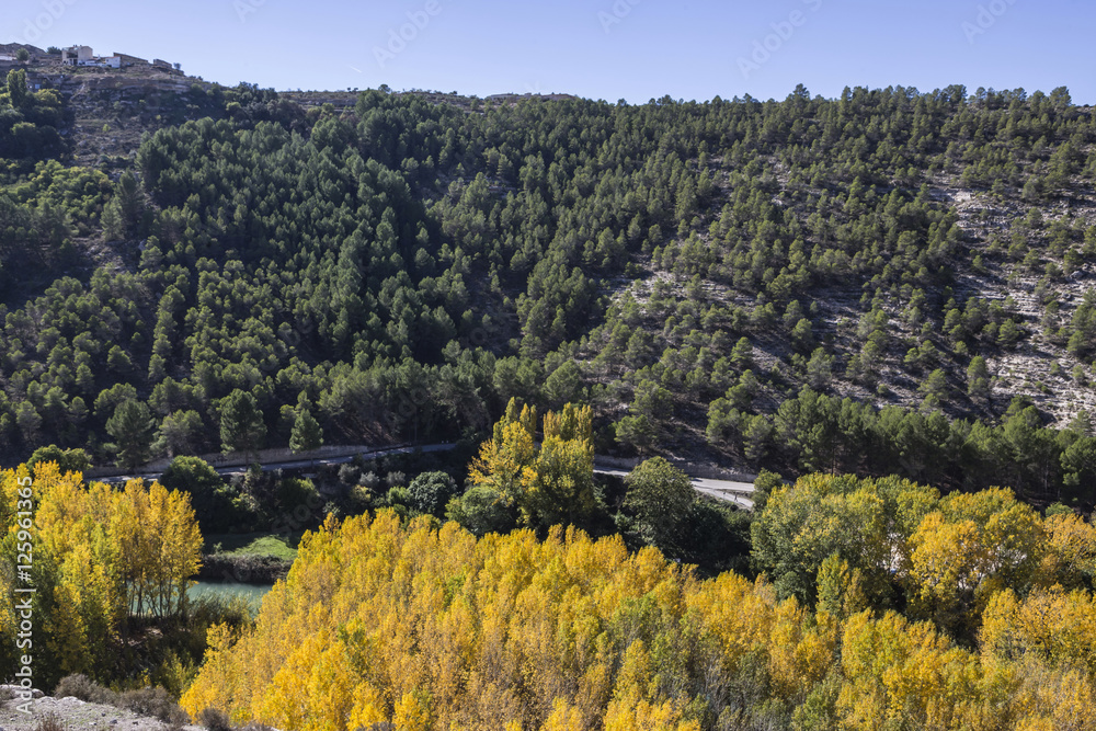 Panoramic view of the valley of the river Jucar during autumn, Spain