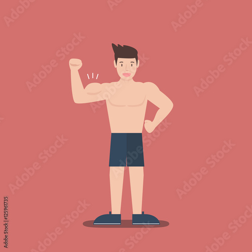 gym fitness muscular cartoon man shirtless flat design on red background