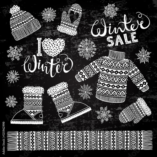 Set drawings knitted woolen clothing and footwear. Sweater, hat, mitten, boot, scarf with patterns, snowflakes. Winter sale shopping concept to design banners, price or label.